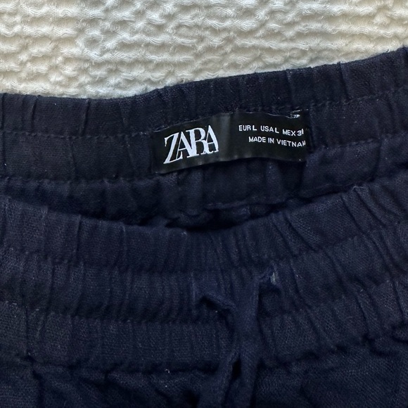 Zara navy blue linen pants with silver metal detail on draw strings - Picture 2 of 3